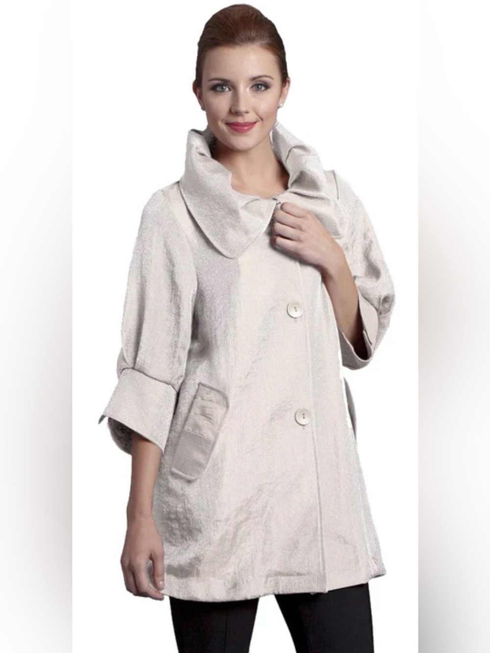 Damee NYC Signature Swing Jacket in Champagne with a Peter Pan Collar